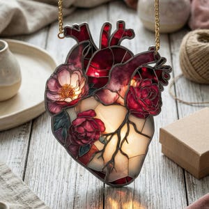 May include: A pendant necklace featuring a stained-glass heart design with red and white floral accents. The heart pendant is suspended from a gold-colored chain. The necklace is displayed on a wooden surface with soft lighting.