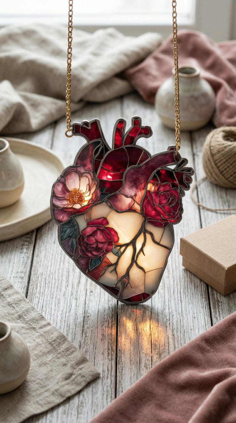 May include: A pendant necklace featuring a stained-glass heart design with red and white floral accents. The heart pendant is suspended from a gold-colored chain. The necklace is displayed on a wooden surface with soft lighting.