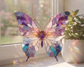Custom Butterfly Suncatcher, Acrylic Purple Butterfly Suncatcher, Sympathy Window Hanging, Mother's Day Butterfly with Flowers Garden Decor