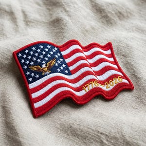 May include: Embroidered American flag patch featuring red and white stripes, a blue field with white stars, and a golden eagle. The patch includes the dates "1776-2026" in gold thread, perfect for patriotic apparel or accessories.