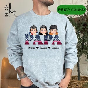 Custom Papa Shirts with Kids Cartoon and Names, Personalized Patriotic Gift for Grandpa, Father's Day or Birthday Family Shirt