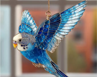 Custom Blue Budgie Acrylic Suncatche – Parakeet Window Hanging – Bird Lover Gift – Mother’s Day Gift – Unique Gift