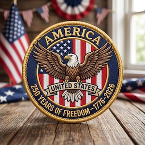 May include: A circular patch with a patriotic design. The patch features a bald eagle with outstretched wings, the text "AMERICA" at the top, and "250 YEARS OF FREEDOM - 1776-2026" around the edge. The background includes the American flag.