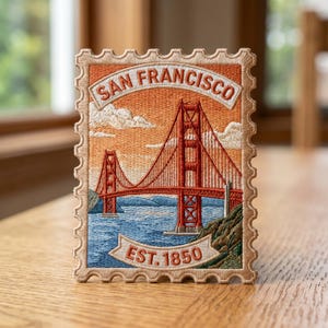May include: Embroidered patch in the shape of a postage stamp featuring the Golden Gate Bridge in San Francisco. The patch has a tan border and includes the text "SAN FRANCISCO" and "EST. 1850" in white.