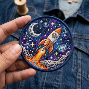 May include: Embroidered patch featuring a rocket ship blasting off into a starry night sky. The patch has a blue border, a crescent moon, and a galaxy design with orange, white, and purple hues. The rocket has orange flames.