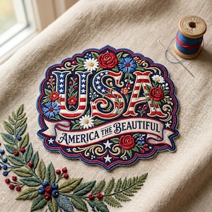May include: Embroidered patch with the text "USA AMERICA THE BEAUTIFUL" in red, white, and blue. The patch features floral designs, including roses and daisies, and is set against a beige fabric background. A spool of thread and needle are also visible.