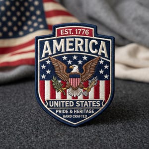 May include: Embroidered patch with a shield design featuring the word "AMERICA" and an eagle emblem. The patch includes the text "EST. 1776", "UNITED STATES", and "PRIDE & HERITAGE HAND CRAFTED". The background includes the American flag.
