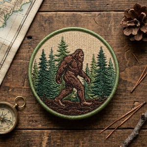 May include: Embroidered patch featuring a brown Bigfoot walking through a forest of green pine trees. The patch has a tan background and a green border. The patch is round and is placed on a wooden surface.