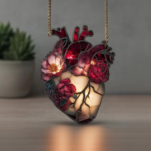 Custom Anatomical Heart Acrylic Suncatche – Floral Window Hanging –Romantic Dark Art Decor – Mother’s Day Gift – Unique Gift image 1