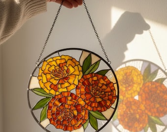 Custom Marigold Stained Glass Suncatcher – Handmade Orange Flower Glass Window Hanging, Botanical Sun Catcher, Garden Decor Gift
