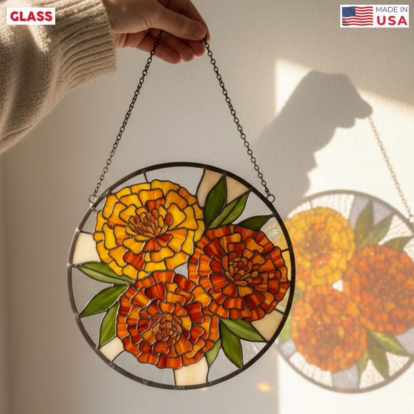 Custom Marigold Stained Glass Suncatcher – Handmade Orange Flower Glass Window Hanging, Botanical Sun Catcher, Garden Decor Gift