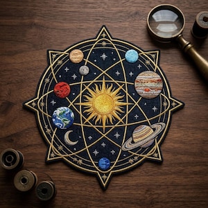 May include: A circular embroidered patch featuring a central yellow sun surrounded by various planets, including Earth, Saturn with rings, and Jupiter, set against a dark blue background with gold orbital lines and small stars.