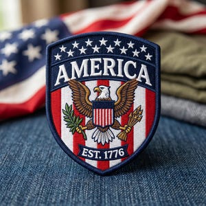 May include: Embroidered patch with a shield design featuring the word "AMERICA" in white, a bald eagle, and the text "EST. 1776." The patch has a blue border with white stars and red and white stripes. The background includes an American flag and denim.