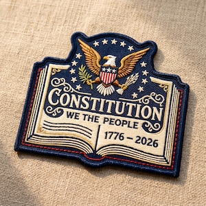 May include: Embroidered patch featuring the US Constitution. The design includes an eagle with outstretched wings, stars, and the text "CONSTITUTION WE THE PEOPLE 1776-2026" on a book-shaped background, with a navy blue border.