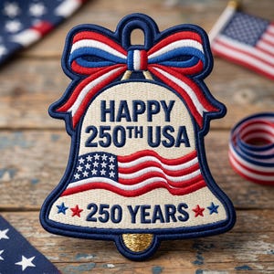 May include: Embroidered bell-shaped patch with a patriotic theme. Features a red, white, and blue bow at the top and the text "HAPPY 250TH USA" and "250 YEARS". The design includes a waving American flag and stars.