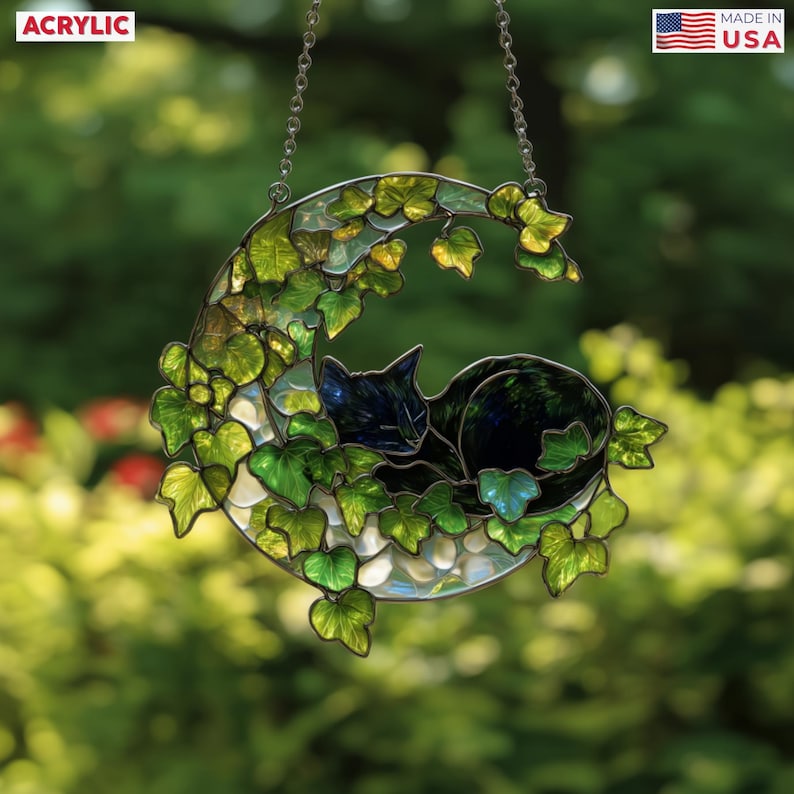 Custom Black Cat Ivy Acrylic Suncatcher, Moon Cat Window Hanging, Plant Lover Home Decor, Personalized Cat Gift image 3