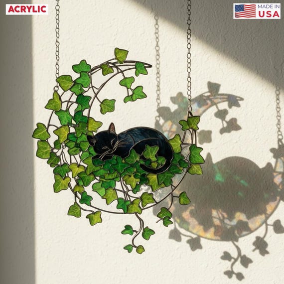 Custom Black Cat Ivy Acrylic Suncatcher, Moon Cat Window Hanging, Plant Lover Home Decor, Personalized Cat Gift
