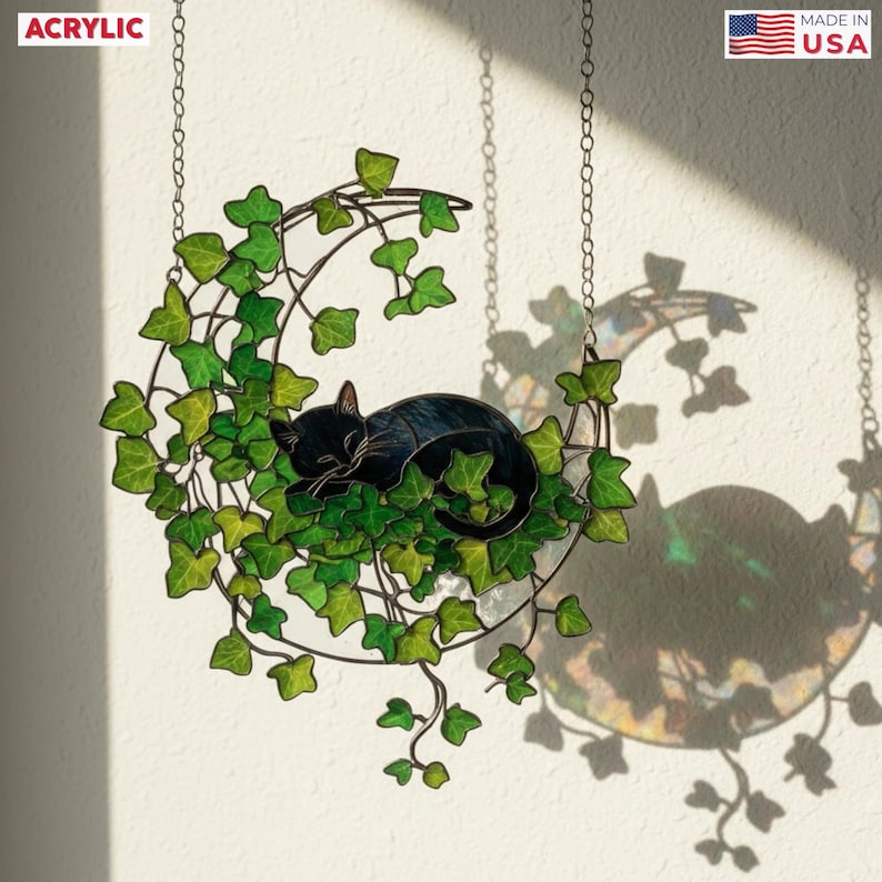 Custom Black Cat Ivy Acrylic Suncatcher, Moon Cat Window Hanging, Plant Lover Home Decor, Personalized Cat Gift image 1