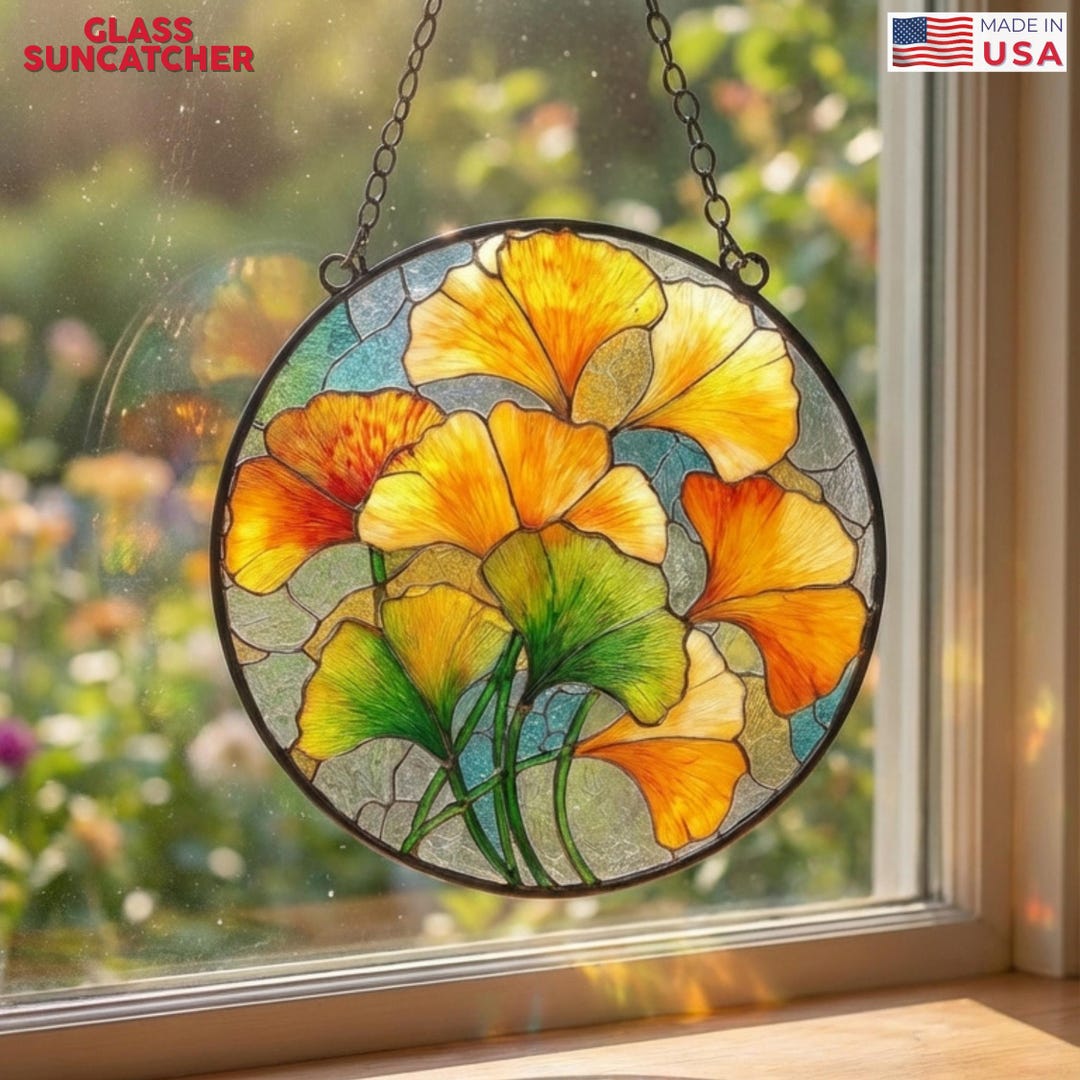 Gingko Window Personalized Round Ginkgo Leaf Glass Suncatcher, Handmade Window Art ...