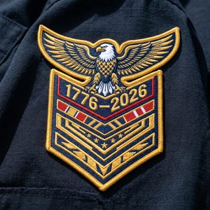 May include: Embroidered patch featuring a golden eagle with outstretched wings above the dates 1776-2026. The patch has a blue and gold chevron design with stars and stripes, and is set against a dark blue fabric background.