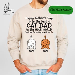 Sweatshirt grappig kattenvader gepersonaliseerd met kattennamen en cartoonafbeeldingen, aangepast Vaderdagcadeau voor kattenliefhebbers, shirt beste kattenvader ooit