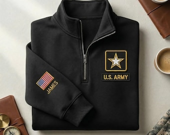 Custom US Army Quarter Zip Sweatshirt, Minimal Military Embroidered Pullover, Army Star Patch Custom Name Patriotic Gift