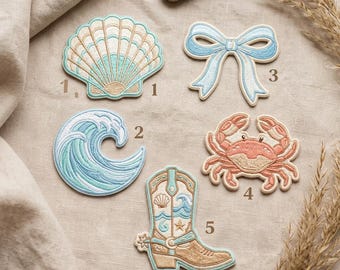 Custom Coastal Patch Set, Pastel Beach Embroidery Patch, Ocean Wave Shell Crab Bow Boot Patch, Iron On Badge, Gift For Him Her