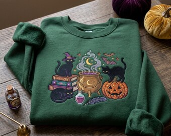 Custom Name Black Cat Embroidered Sweatshirt, Funny Halloween Crewneck Shirt, Pumpkin Pullover Hoodie, Fall for Her, Book Lovers for Women
