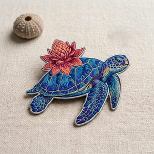 Custom Name Embroidered Sea Turtle Patch for Men, Flower Tropical Ocean Iron On for Hats, Floral Birthday Gift, Animal Lovers, Summer Decor