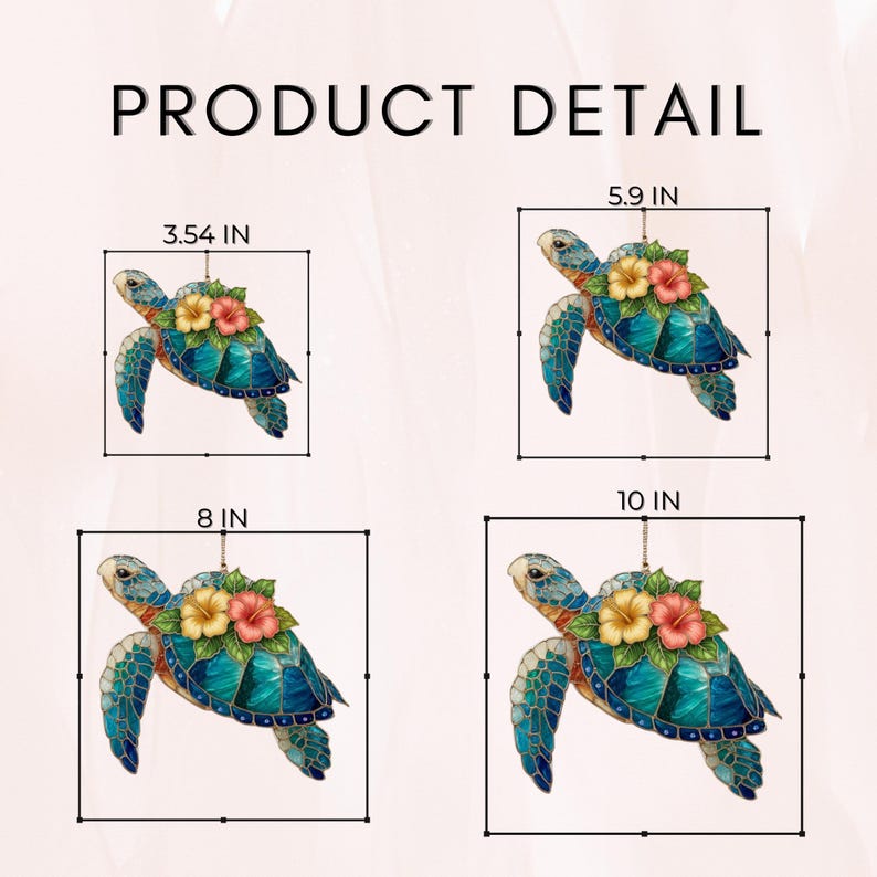 May include: Decorative sea turtle ornaments in various sizes: 3.54 inches, 5.9 inches, 8 inches, and 10 inches. Each turtle features a blue and green shell with floral accents. The text "PRODUCT DETAIL" is at the top.