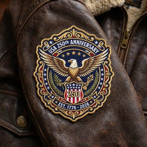 May include: Embroidered patch with a patriotic design, featuring a golden eagle with outstretched wings, stars, and the text "USA 250th Anniversary EST. 1776-2026." The patch is set against a navy blue background with red and gold accents, and is sewn onto a brown leather jacket.