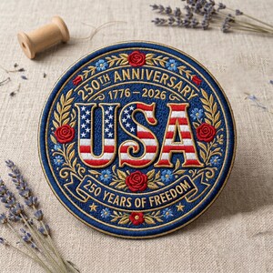 May include: A round, embroidered patch with a blue background and gold trim. The patch features the text "USA" in red and white stripes and stars, with the words "250th Anniversary 1776-2026" and "250 Years of Freedom". Red roses and blue flowers decorate the border.