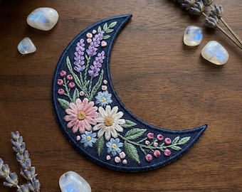 Custom Name Moon Patch, Embroidered Floral Art, Flower Nature Iron On, Boho Botanical Backpack Decor, Vintage Gift Keepsake