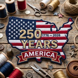 May include: Embroidered patch in the shape of the United States, featuring the American flag design. The patch reads "250 YEARS AMERICA 1776-2026" in gold lettering. Sewing notions, including spools of thread, scissors, and buttons, surround the patch.
