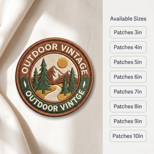 May include: Embroidered patch with a vintage outdoor theme. The circular patch features a mountain landscape with trees, a sun, and a winding path. The text "OUTDOOR VINTAGE" is embroidered around the border. Available in sizes from 3in to 10in.