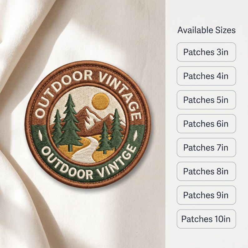 May include: Embroidered patch with a vintage outdoor theme. The circular patch features a mountain landscape with trees, a sun, and a winding path. The text "OUTDOOR VINTAGE" is embroidered around the border. Available in sizes from 3in to 10in.