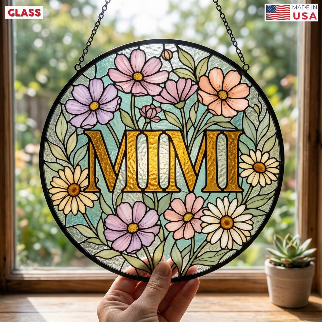 Personalized MOM Stained Glass Suncatcher, Custom Floral Window Hanging ...