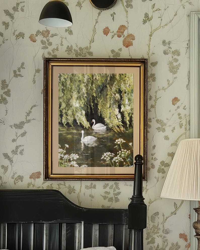 Swans in Willows Fine Art Print: Pond Scene Nature Wall Art image 3