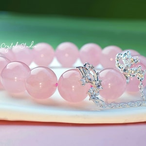 14mm Premium Madagascar Rose Quartz Bracelet with Butterfly Charm