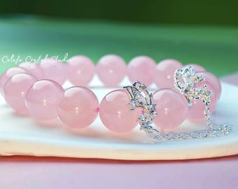 14mm Premium Madagascar Rose Quartz Bracelet with Butterfly Charm