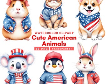 Watercolor Cute American Animals Clipart PNG – Cute Patriotic Animal Illustrations for Independence Day Scrapbooking, Party Invitations