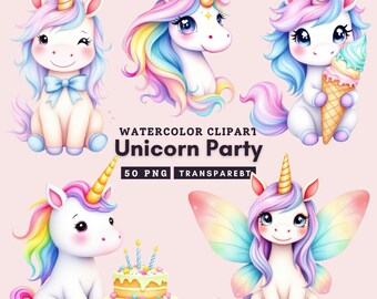 Niedliches Aquarell Einhorn Party Clipart - Pastell Regenbogen Einhorn Illustrationen für Scrapbooking, Geburtstagseinladungen, Kinder Dekor