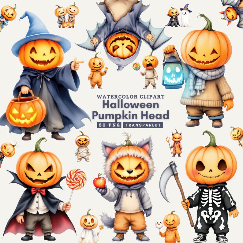 Cute Watercolor Pumpkin Clipart PNG – Halloween Pumpkin Head Characters ...