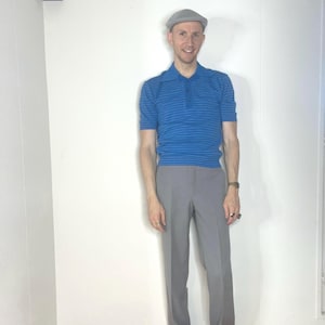 Vintage 1960s 1970s Men’s Ban-Lon Universal Knitwear Blue Striped Nylon Short-Sleeve Collared Button-Up Polo Shirt (M)