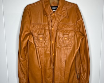 70s Vtg Brown Leather Zip up Collared Jacket Straight Cut Coat