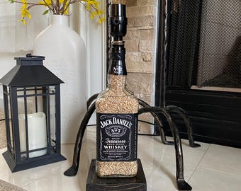 Handcrafted Jack Daniels Whiskey Bottle Lamp - Stone Filled, Rustic Wood Base, Man Cave, Bar