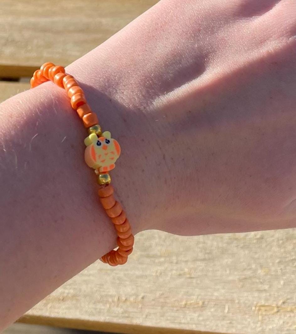 Orange Owl Bracelet, Dainty Seed Bead Jewelry