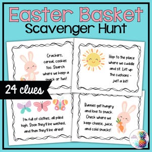 Juego de búsqueda del tesoro de canastas de Pascua para niños: actividad divertida y colorida para la mañana de Pascua. Tarjetas de pistas fáciles de imprimir para divertirse en familia en casa.