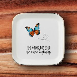 Keramisch sieradenschaaltje, ringschaaltje in vlinderstijl, motiverende quote, aanmoediging, inspirerende decoratie, ringhouder voor bruiloften, cadeau voor een frisse start