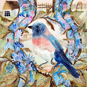May include: A watercolor painting of a bluebird with pink and white feathers perched on a branch with blue and purple flowers. The background is a light brown with a small house in the distance.